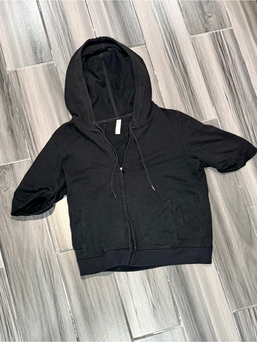 GAP Black Short Sleeve Zip-Up Hoodie with Drawstring